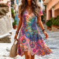 Women's Hippie-style Floral And Peace Symbol Color-blocked Short Dress