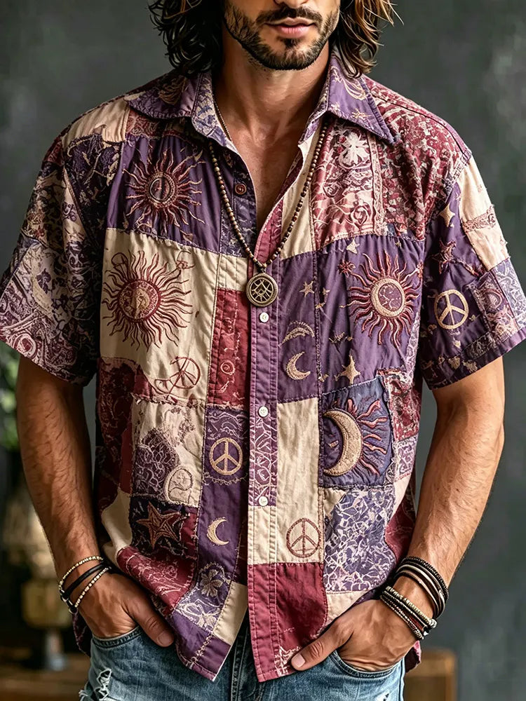 Vintage Boho Men Patchwork Sun Moon Star Peace Symbol Embroidery Distressed Color Block Hippie Short Sleeve Casual Top