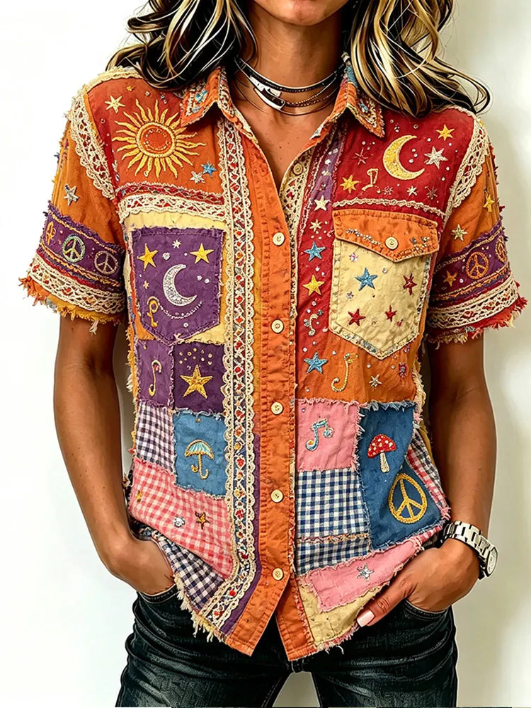 Women's Sun Moon Stars And Peace Symbol Art Collage Hippie Casual Short Sleeve Shirt