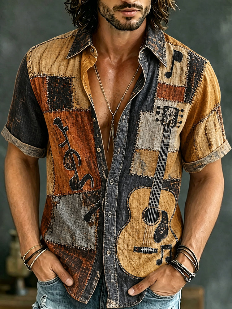 Men's Retro Hippie Sign And Guitar Patchwork Pattern Short-sleeve Cotton Linen Shirt