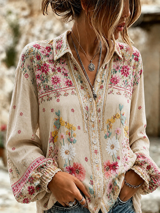 Women'S Casual Cotton And Linen Bubble Sleeve Shirt