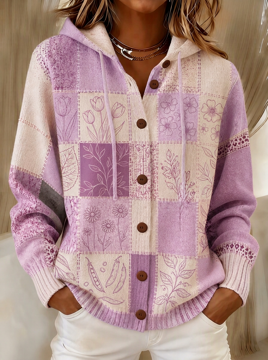 Women's Breast Cancer Awareness Floral Patchwork Printed Cardigan