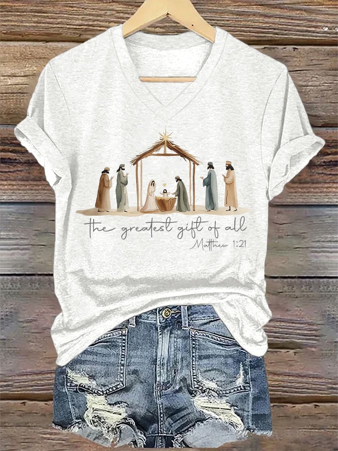 V-Neck Retro Christmas The Greatest Gift Of All Is Jesus Matthew 1:21 Print T-Shirt