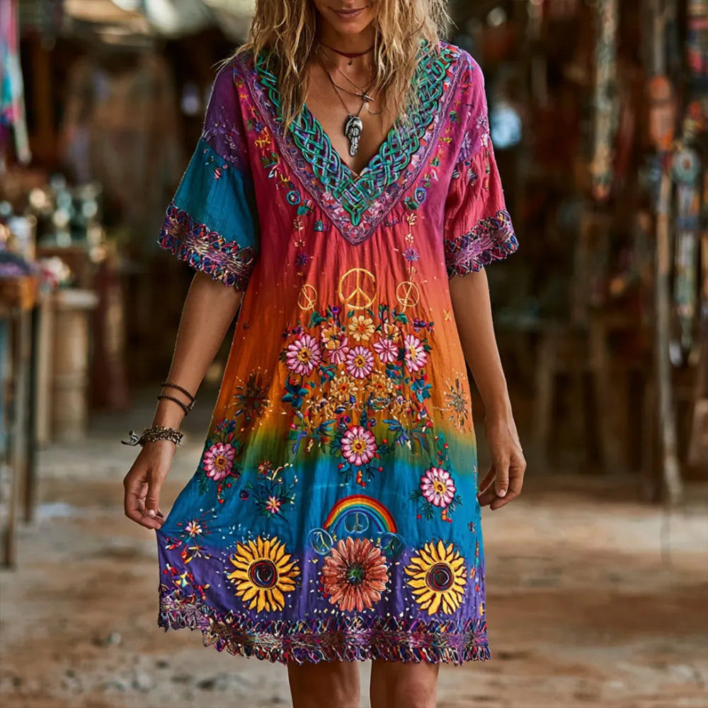 Women's Vintage Hippie Floral And Peace Symbol Embroidered Tie-dye Comfortable Cotton Linen V-neck Short Sleeve Dress