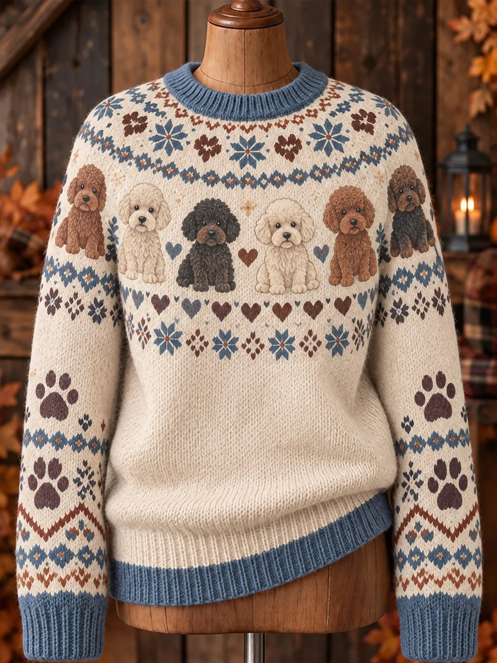 Women's Retro Poodle Puppy Pattern Cozy Fair Isle Style Knit Sweater