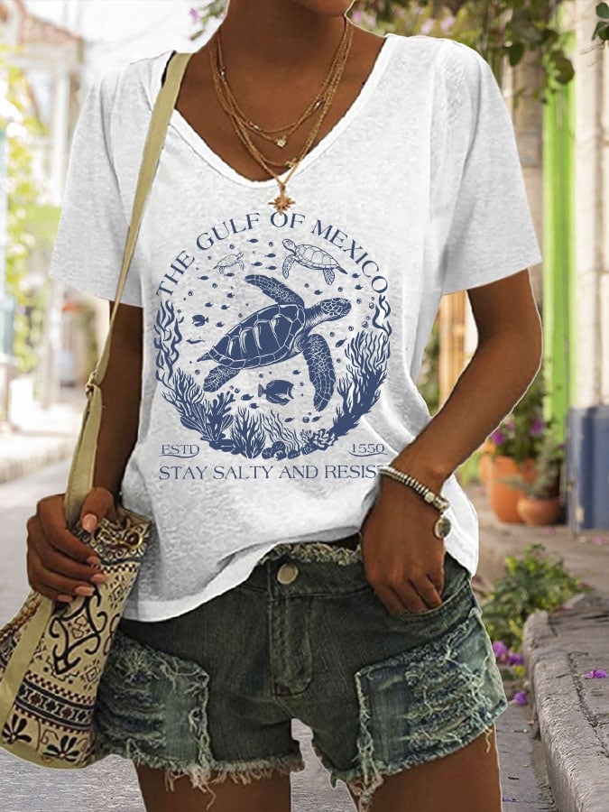 Women's The Gulf Of Mexico Print V Neck Casual T-Shirt
