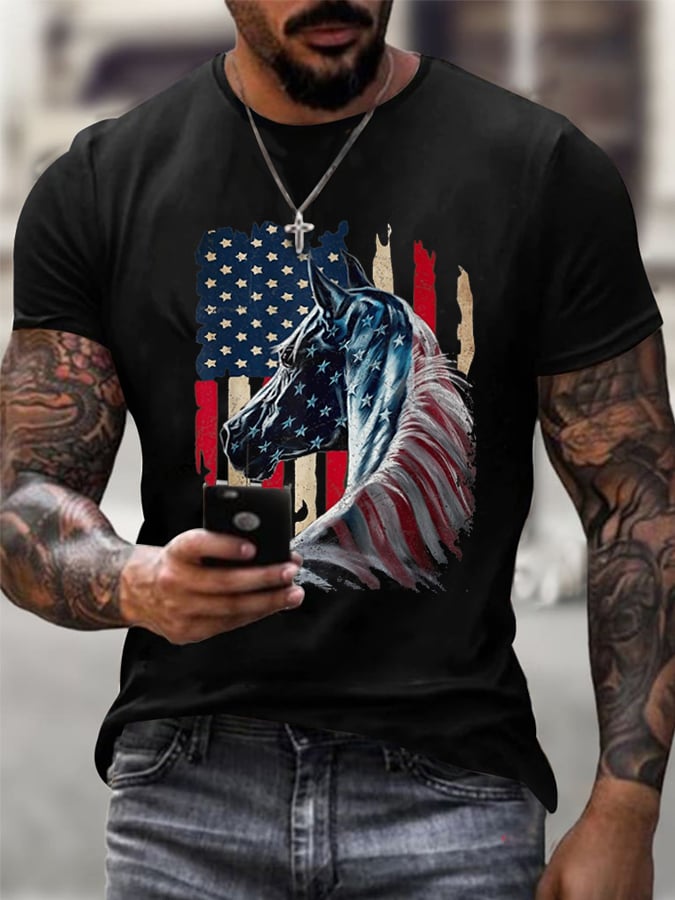 Men's July 4th Horse With USA Flag Print Short Sleeve T-Shirt