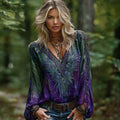Women's Retro Tribal With Wings Inspired Peacock Long Sleeves Shirt