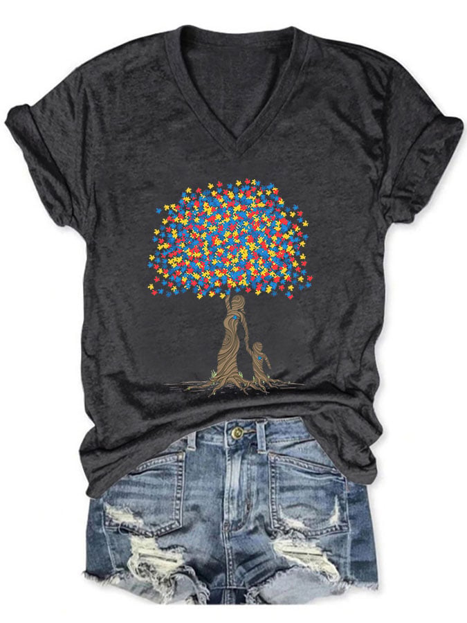 Women's Casual Autism Awareness Printed Short Sleeve T-Shirt
