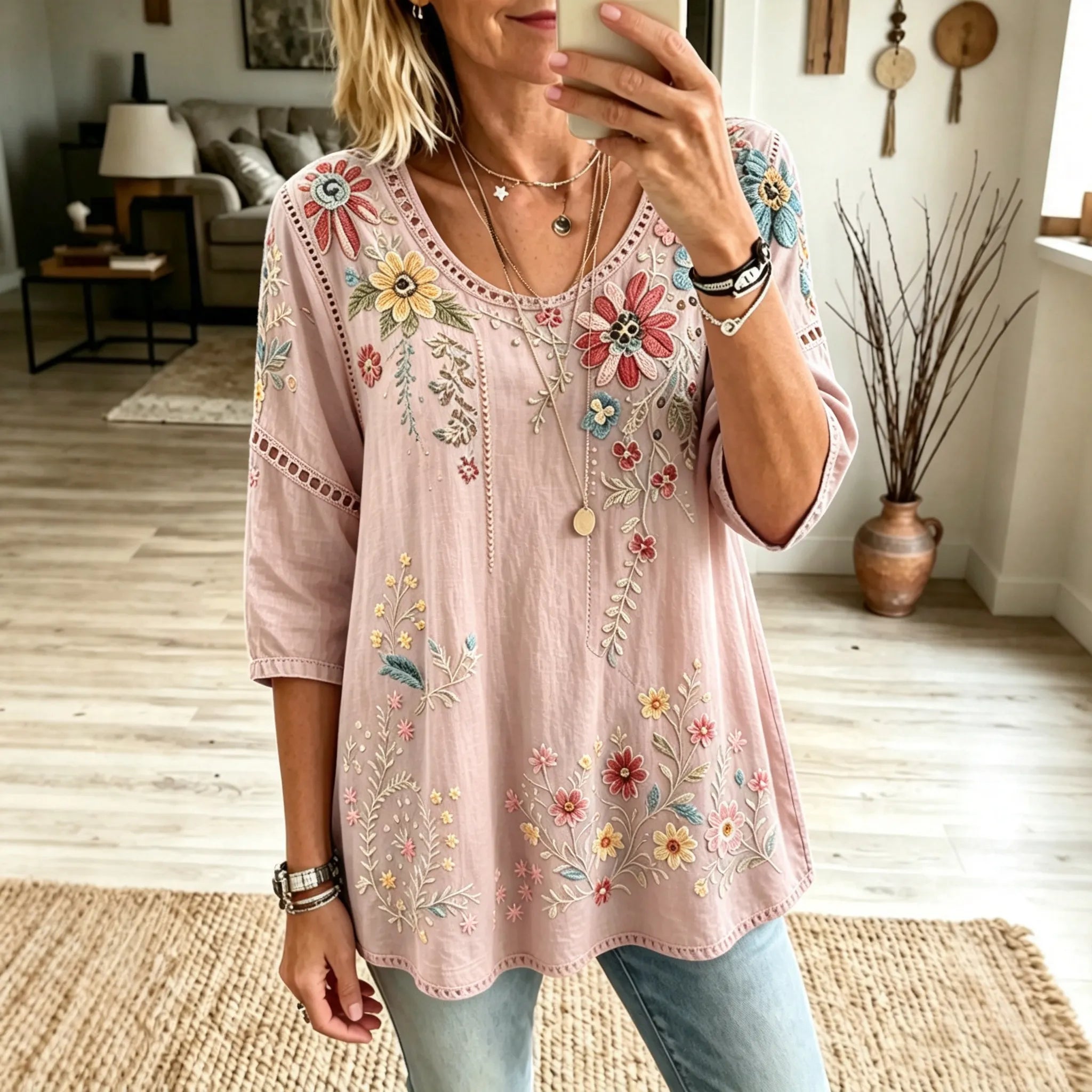 Women's Retro Floral Vacation Cotton Linen Top