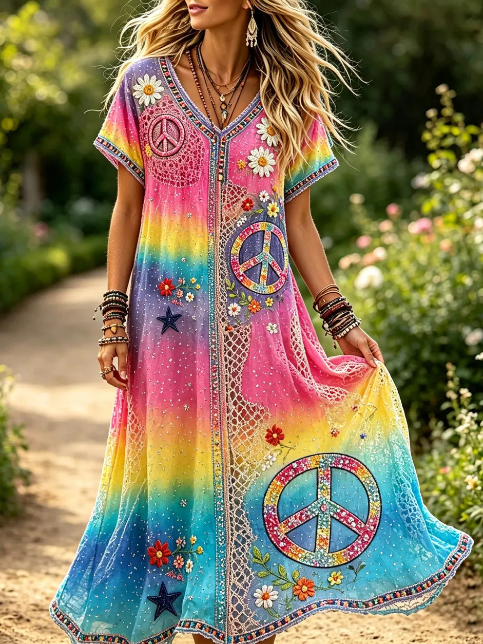 Women's Boho Hippie Floral Embroidery Art V Neck Short Sleeve Linen Blend Maxi Dress