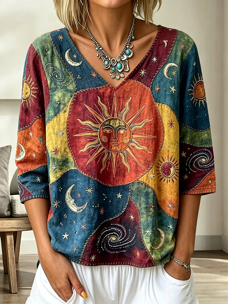 Women's Mysterious Hippie Boho Sun Print Linen Blend V-neck Top