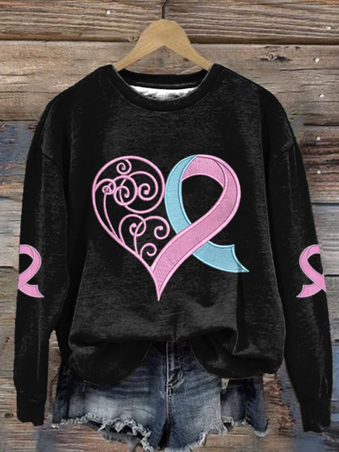Women's Breast Cancer Awareness Print Love Heart Pink Ribbon Long Sleeve Sweatshirt