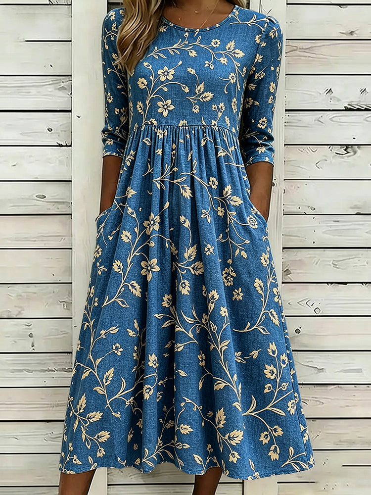 Women's Vintage Floral Design Linen Dress