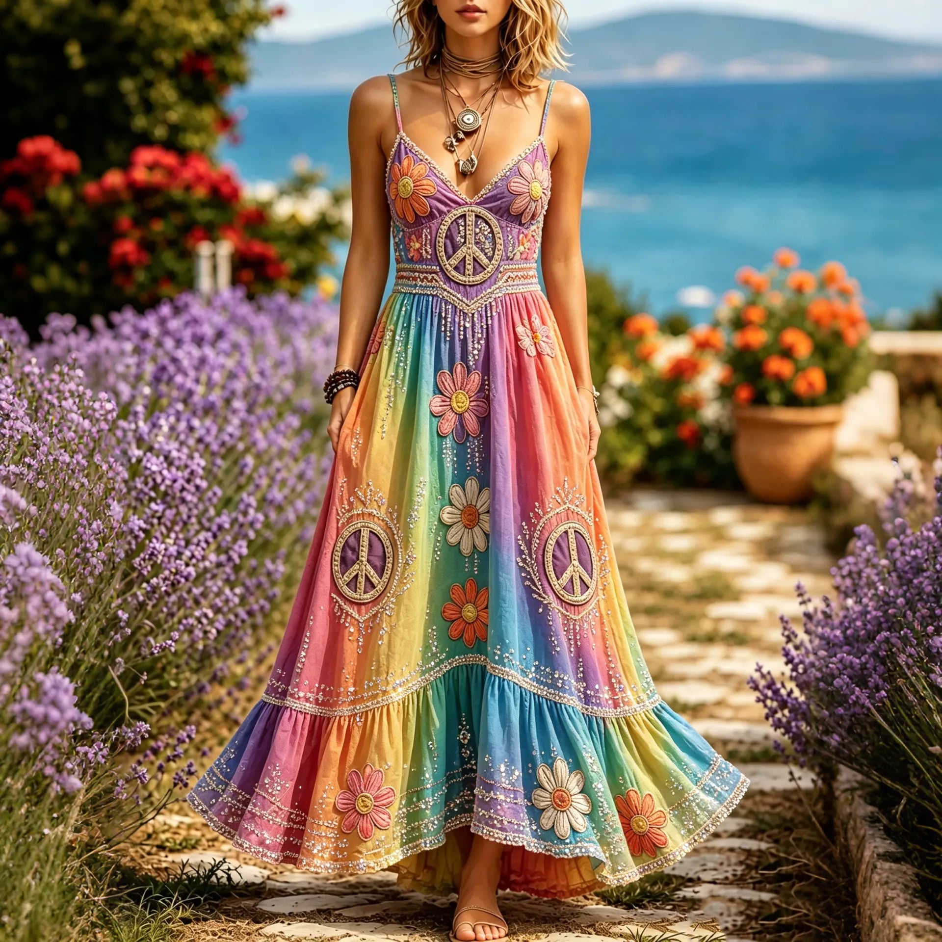 Women's Hippie Tribal Gradient Pattern Art Sleeveless Dress
