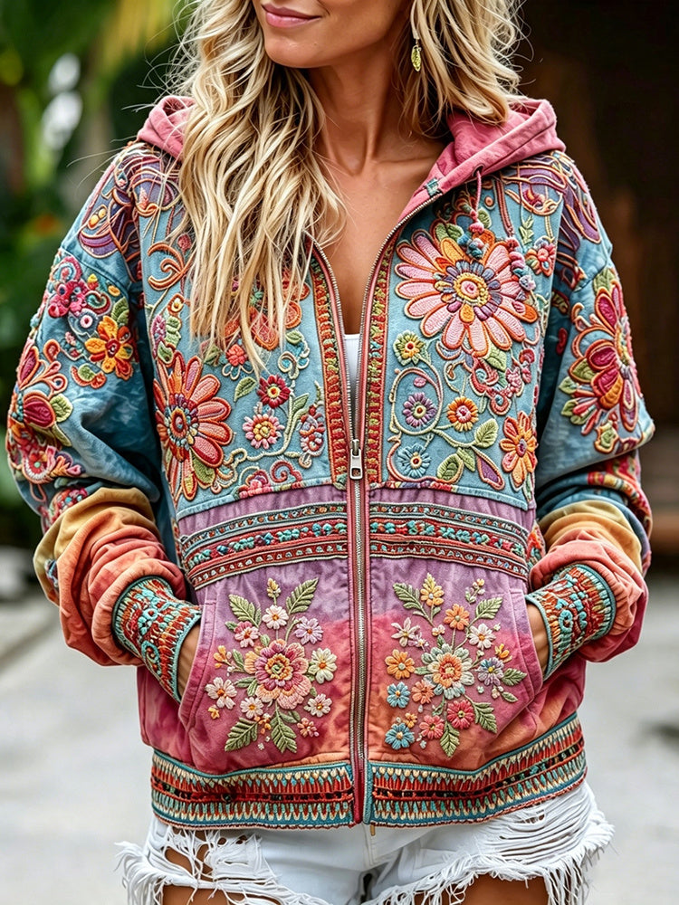 Women's Vintage Hippie Floral Embroidery Art Comfy Zipper Hoodie