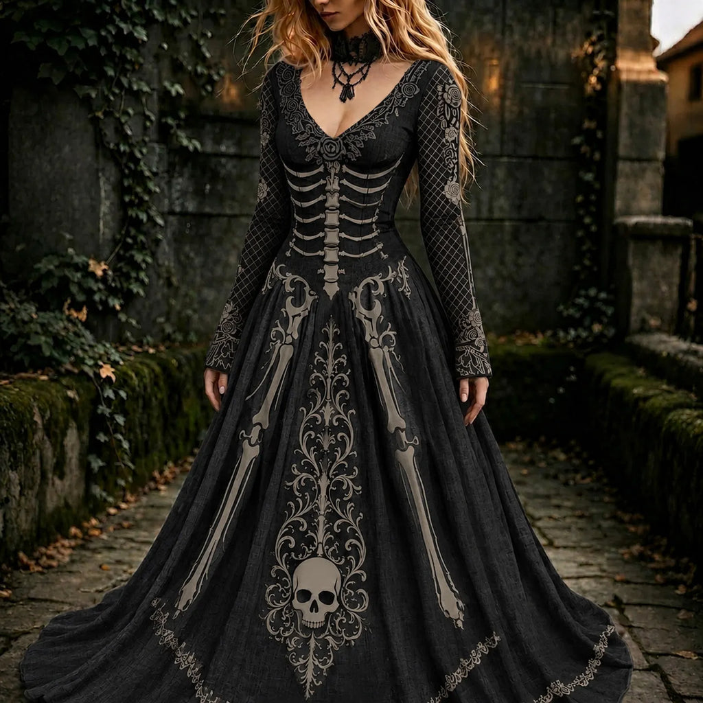 Women's Retro Gothic Skull Pattern Maxi Halloween Dress