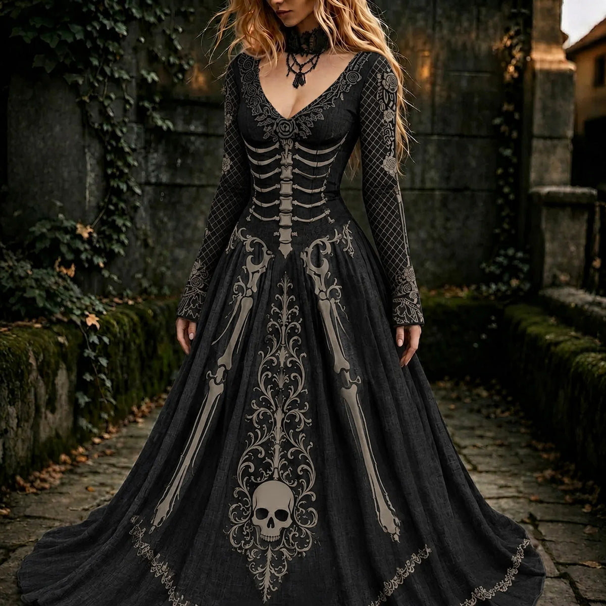 Women's Retro Gothic Skull Pattern Maxi Halloween Dress