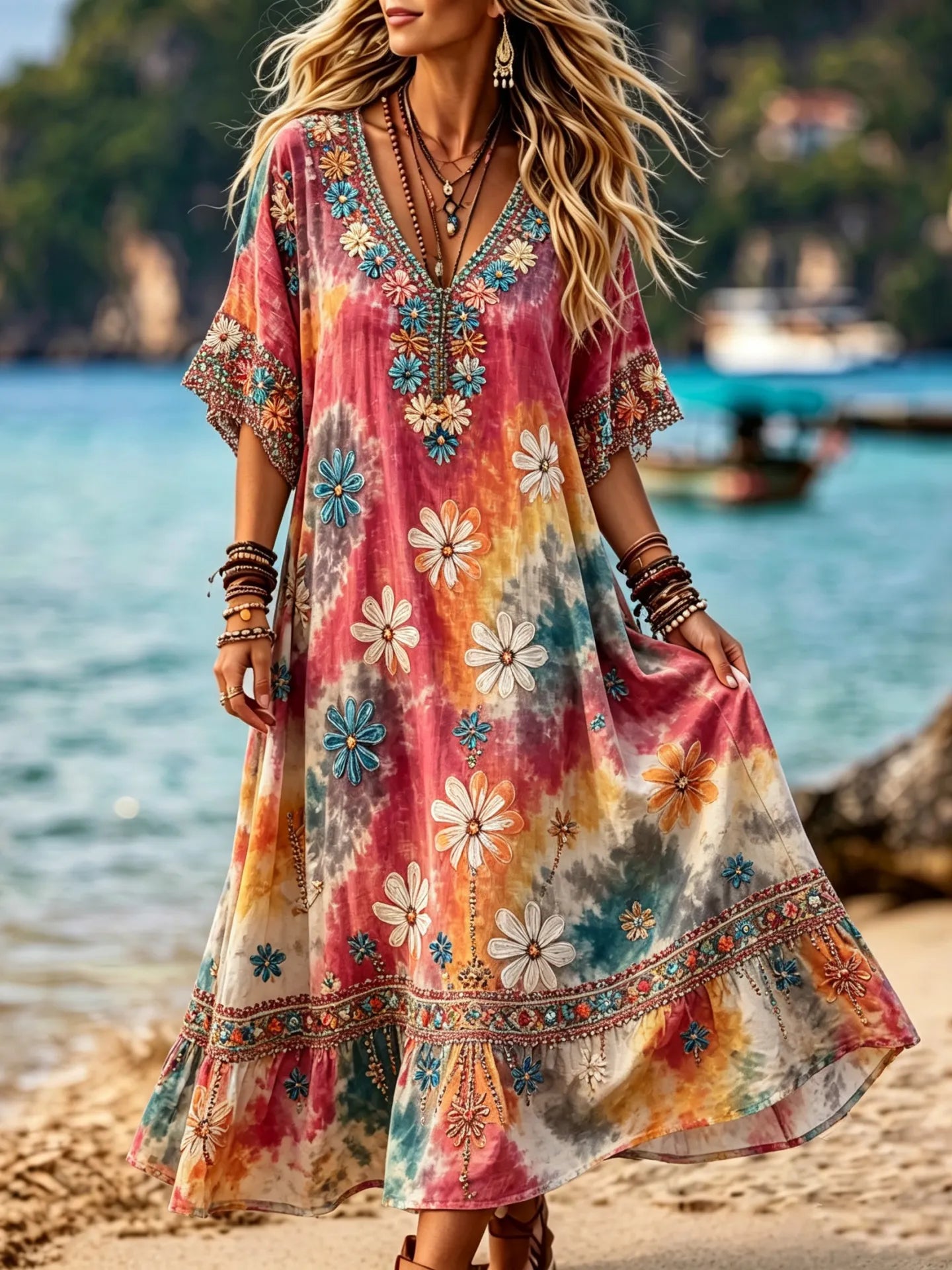 Women's Retro Hippie Floral Art Flowy Cotton Linen V-neck Short Sleeve Long Dress
