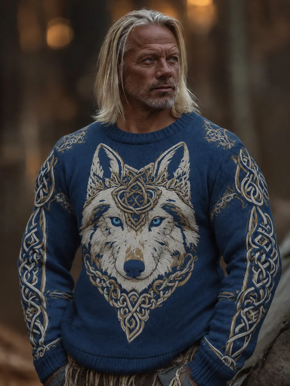 Men's Vintage Viking Wolf Art Print Cozy Sweater