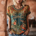 Women's Vintage Hippie Floral And Dragonfly In Rainbow Pattern Art Embroidered Linen Blend Shirts