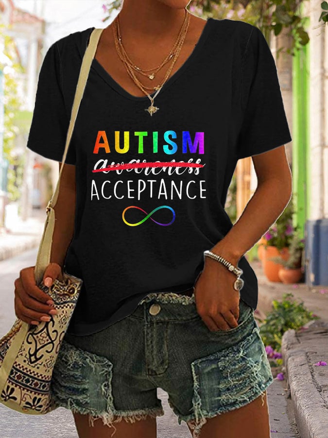 V-neck Autism Acceptance Rainbow Autism Infinity Neurodiversity Print T-Shirt