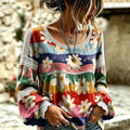 Women's Retro Colorful Striped Floral Print Crew Neck Long Sleeve Cotton Linen T-shirt