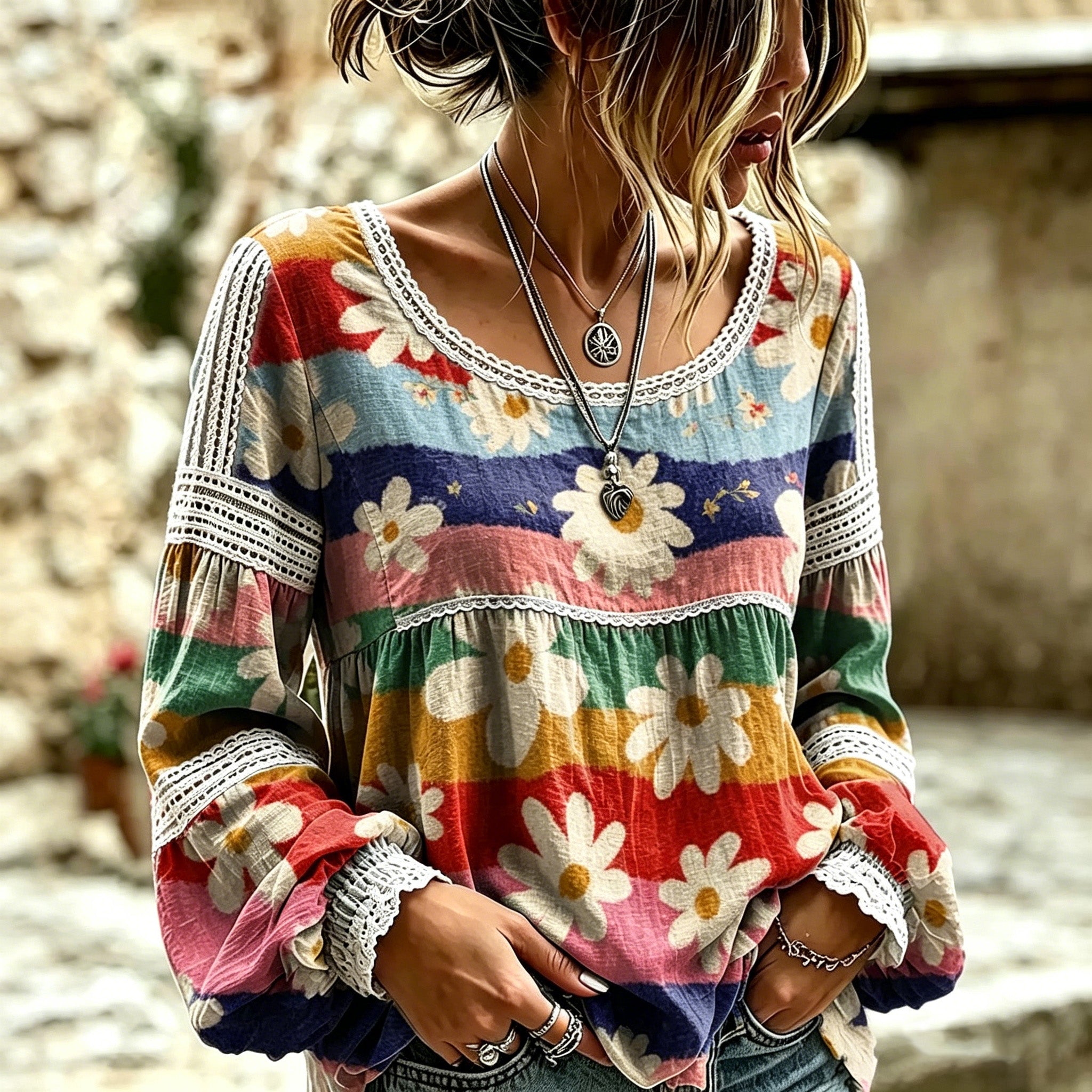 Women's Retro Colorful Striped Floral Print Crew Neck Long Sleeve Cotton Linen T-shirt