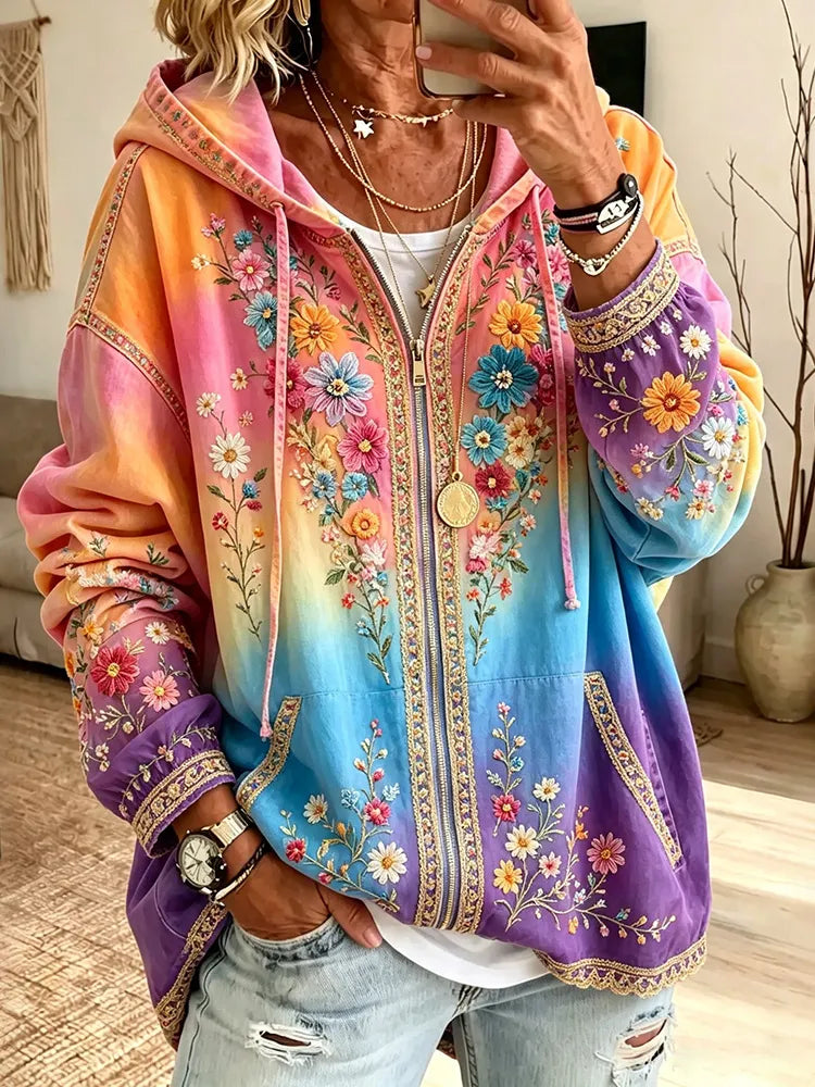 Women's Resort Tie-dye Floral Vintage Zip-up Hoodie