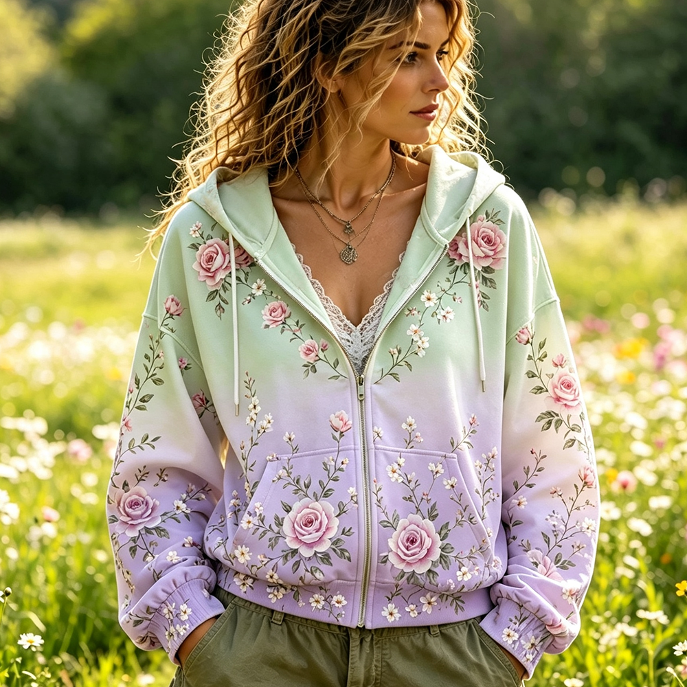 Women's Gradient Green-to-purple Full-zip Hoodie Sweatshirt With Pink Roses And Floral Vines Print