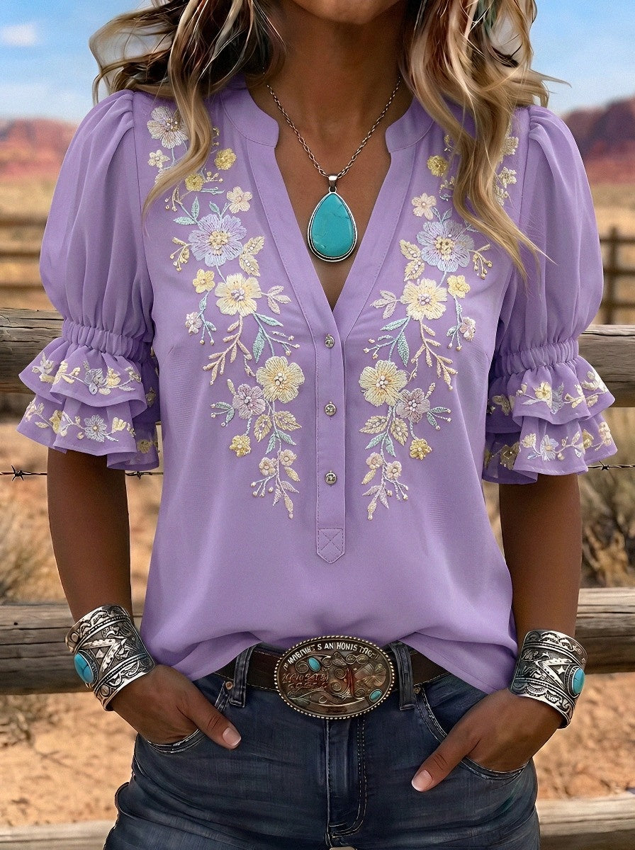 Women's Western Vintage Floral Embroidered Ruffle Sleeve Top