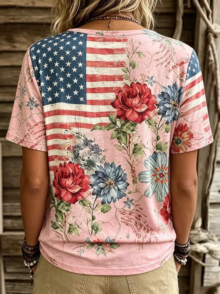 Women's Retro Flag Floral Art Print Casual Short-Sleeve Crew Neck T-Shirt