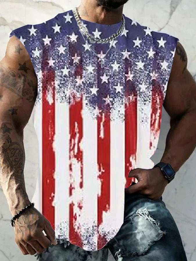 Men's Independence Day Retro Print Crew Neck Vest