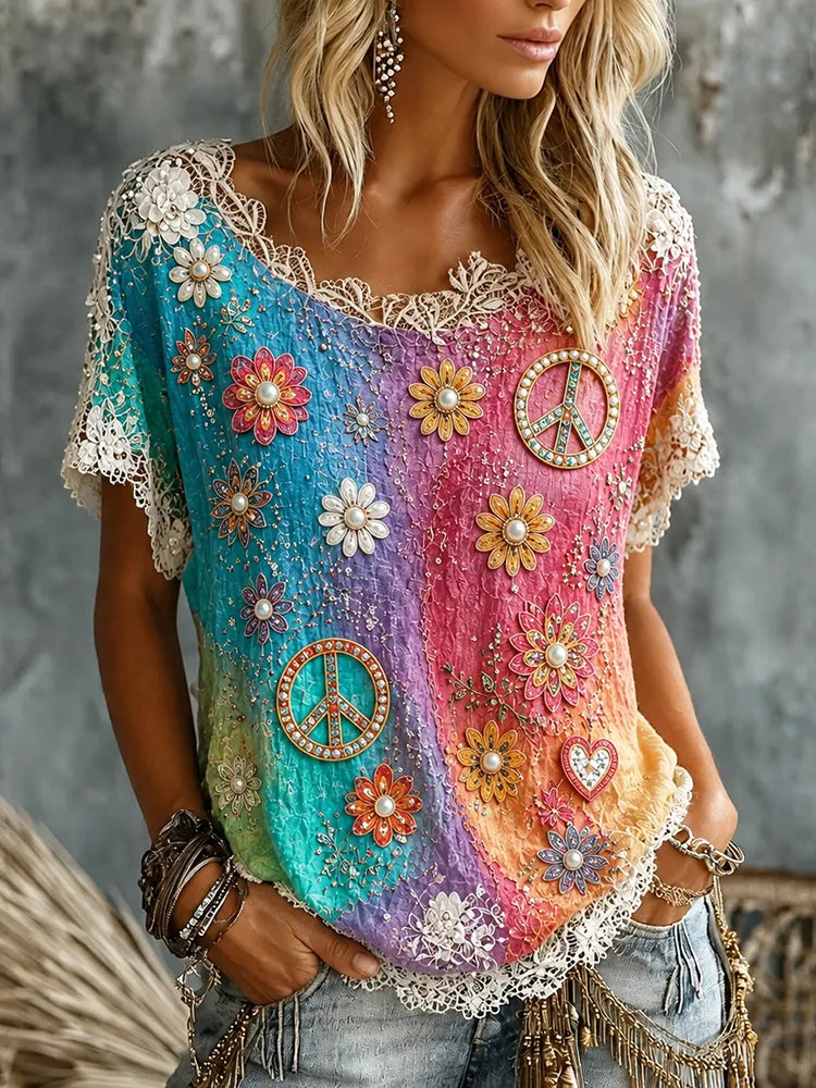 Women's Pearl Floral Peace Sign Tie Dye Art Print Casual T-shirt