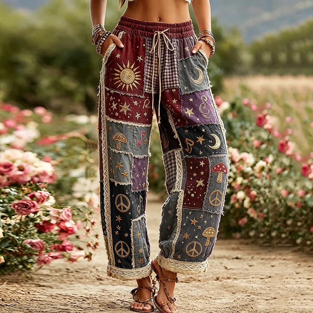 Women's Hippie Sun Moon Stars And Peace Symbol Embroidered Patchwork Cotton Linen Casual Pants