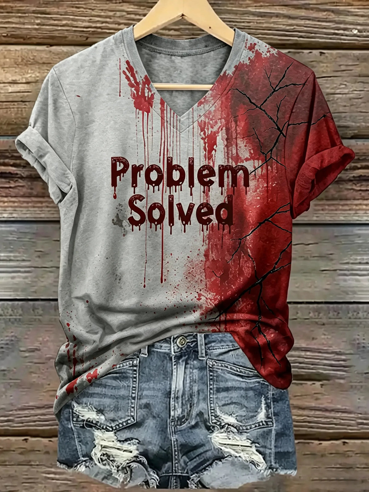 Women's Vintage Dark Sarcasm Problem Solved Blood Art Printed Short Sleeve T-shirt
