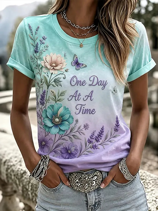 Women's Purple Floral Hummingbird Print Alzheimer's Disease Awareness Casual   T-shirt