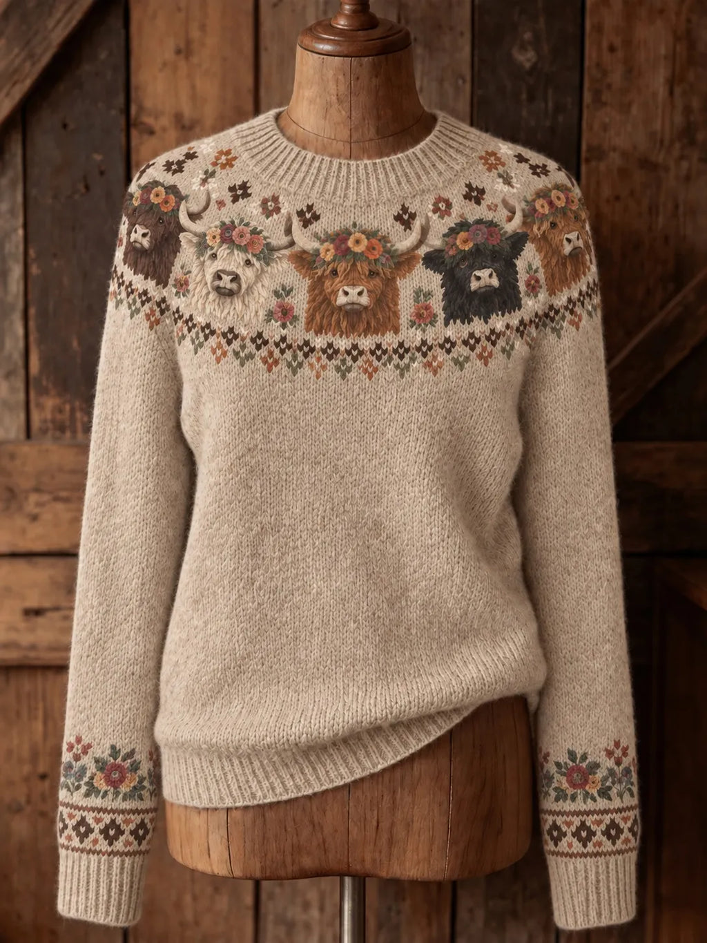 Women's Retro Highland Cow And Floral Pattern Cozy Fair Isle Style Knit Sweater