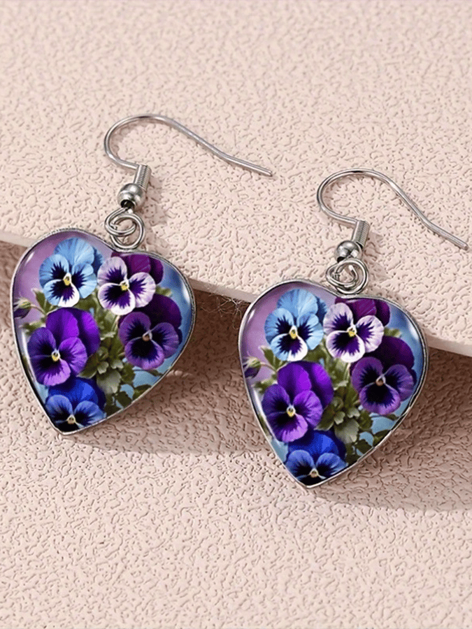 Purple Heart Pansy Design Earrings