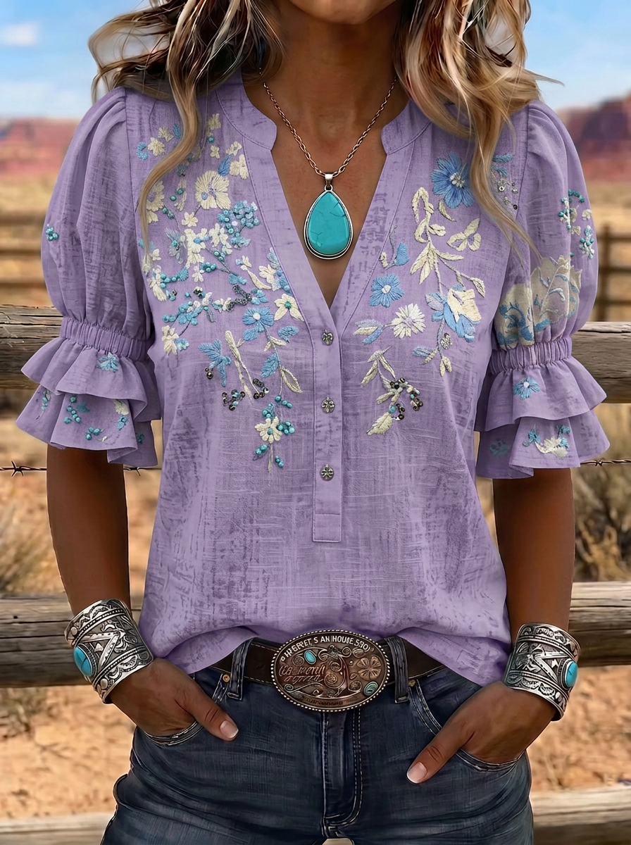 Women's Western Vintage Floral Embroidered Printed Top