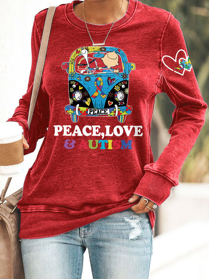 Retro Autism Awareness Ribbon Peace Love Autism Infinity Symbol Love Heart Print Sweatshirt