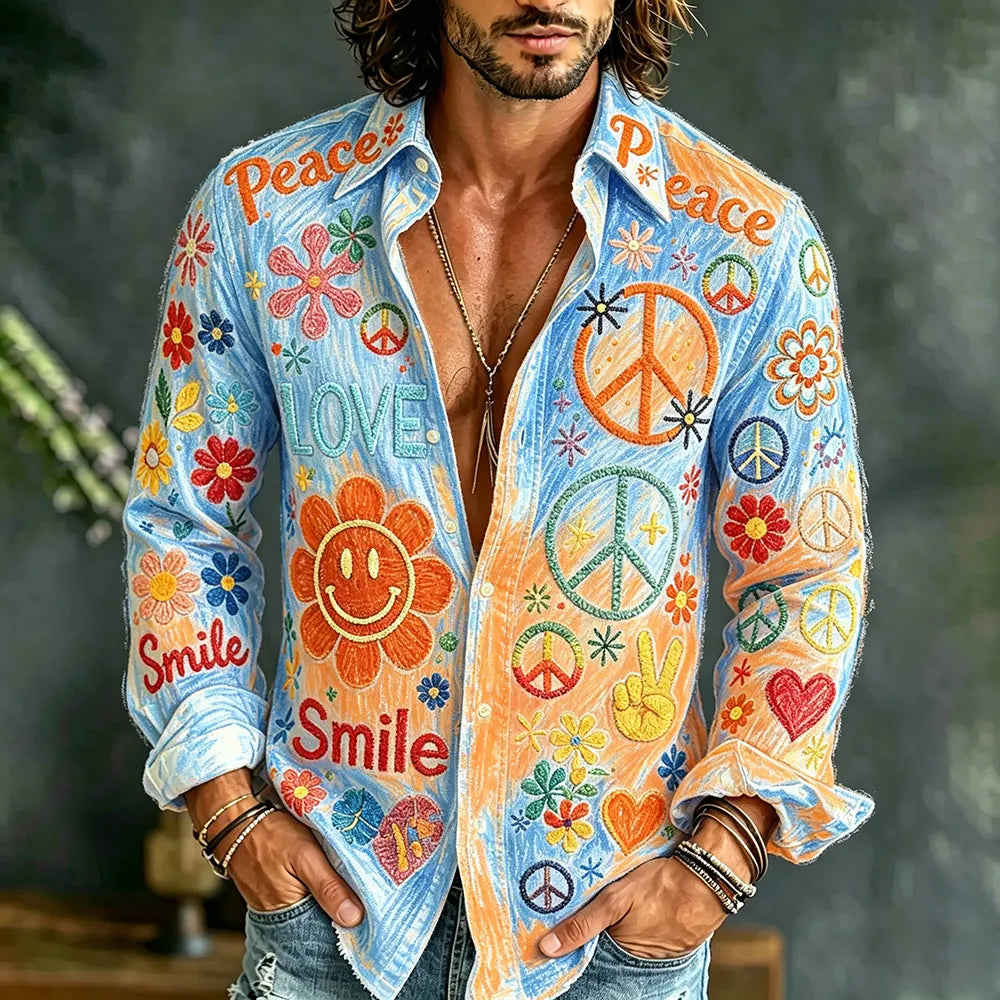 Men's Hippie Style Floral Embroidered Gradient Casual Long Sleeve Shirt