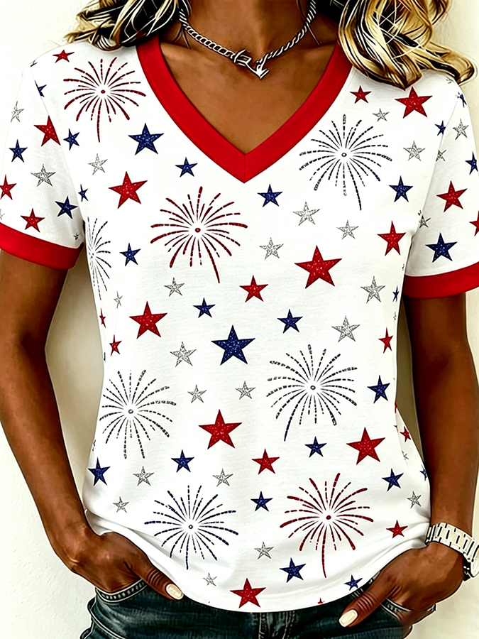 Women'S America Flag Print Casual V-Neck T-Shirt