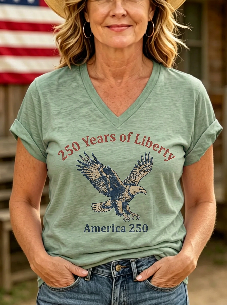 Women's Patriotic Western 250 Years Liberty Eagle Printed T-shirt