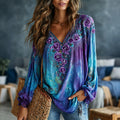 Women's Vintage Romantic Floral Art Linen Blend Long Sleeve Tops