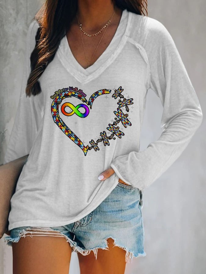 V-neck Retro Autism Awareness Infinity You'll Never Walk Alone Puzzle Piece Heart Dragonfly & Rainbow Print T-Shirt