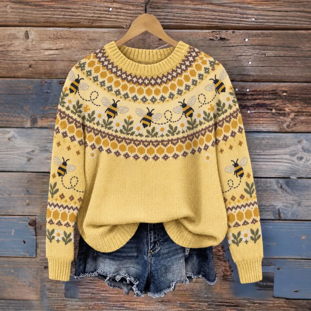 Women's Retro Cute Bee Ethnic Pattern Cozy Fair Isle Style Knit Sweater