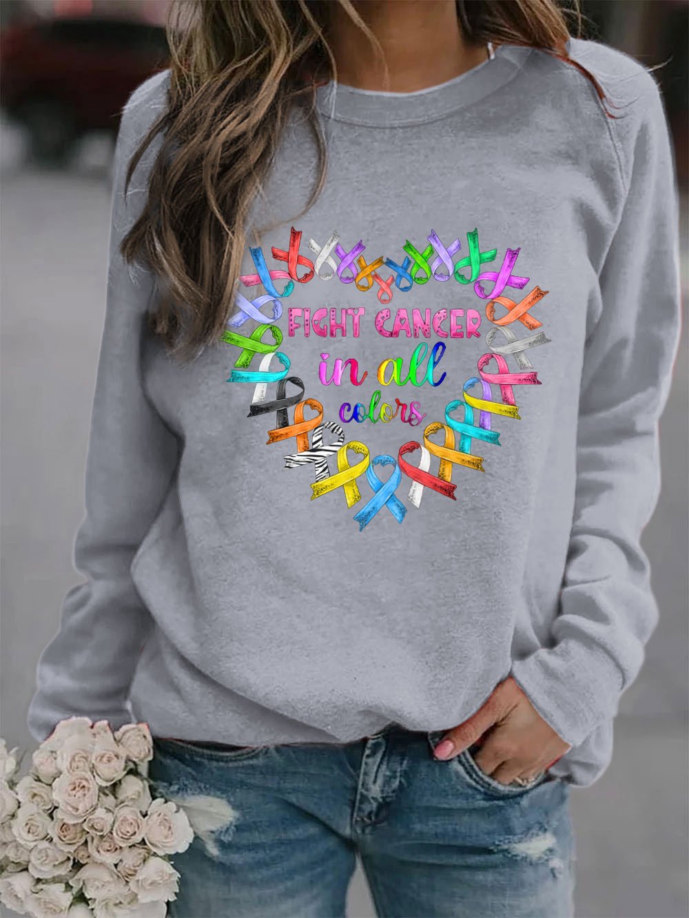 Women's Fight Cancer In All Colors Print Sweatshirt