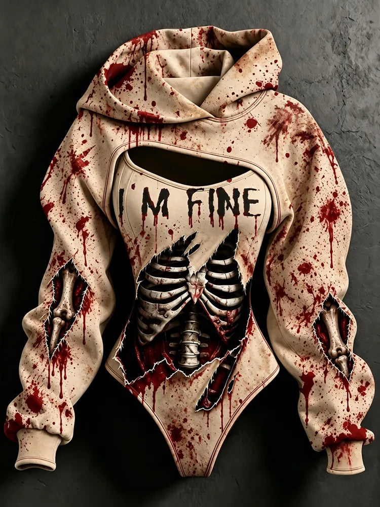 Women's Halloween I'm Fine Bloody Skull Pattern Print Hoodie Two Piece Set