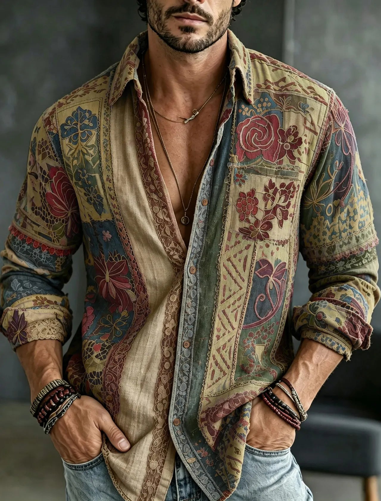 Men's Retro Floral  Patchwork Embroidered Art Print Flowy Linen Blend Casual Shirt